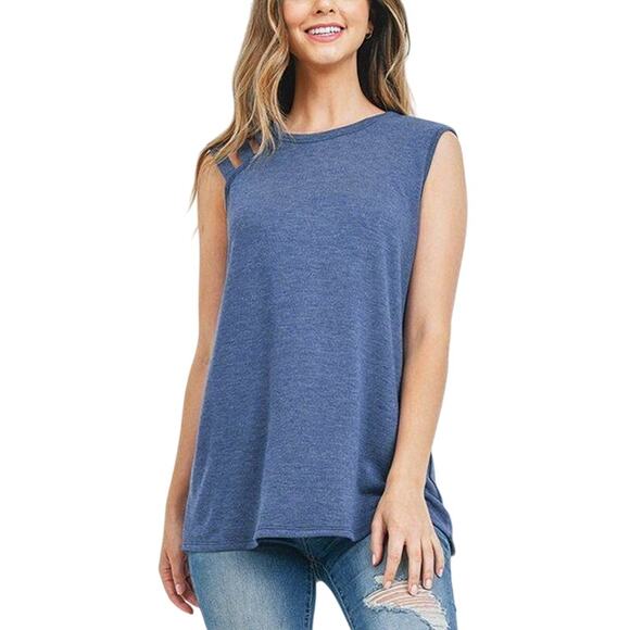 Perfect Peach Blue Heather Ladder Shoulder Crewneck Pullover Tank Top Large NWOT - Picture 1 of 10